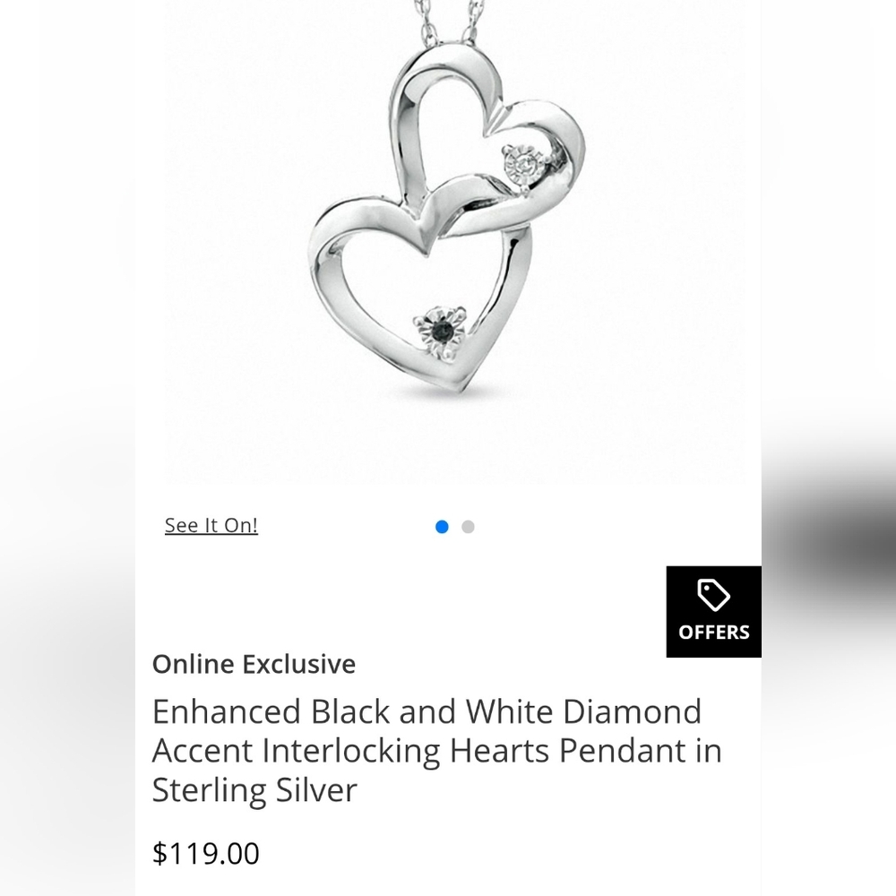 Zales New In Box Sterling Silver Hearts Pendant With Black And White Diamonds